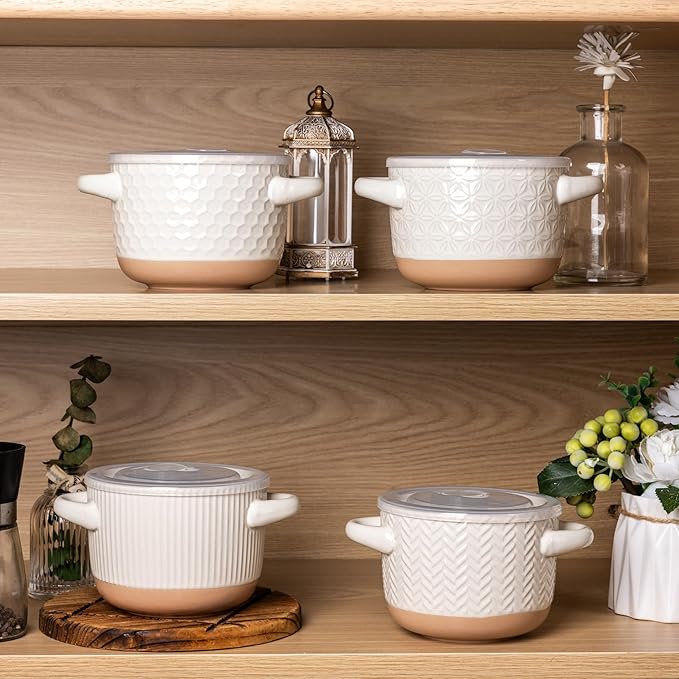 AmorArc 24 Ounces Soup Bowls with Large Handles and Lids, Stoneware Bowls Set of 2 for Soup,Stew, Noodle, Ceramic Kitchen Bowls With Embossed Patterns, Microwave&Dishwasher Safe, Light Beige