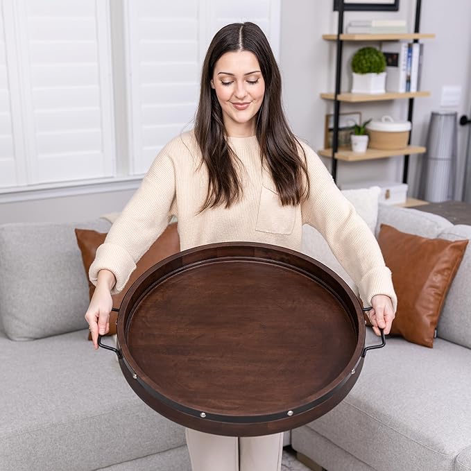 24" Extra Large Round Ottoman Tray, Heavy Duty Mango Wood, for Serving Tea, Breakfast in Bed, Living Room Large Coffee Table Tray Rustic with Farmhouse Style, Decorative Handles and Accent Strap