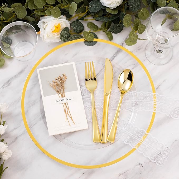 Goodluck 12 Inch Charger Plates, 50 Pack Clear Charger Plates with Gold Trim, Plastic Charger Plate Bulk for Dinner, Wedding, Party, Event Decoration, Clear&Gold