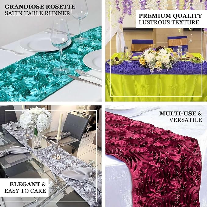 Efavormart 14"x108" Burgundy Grandiose Rosette Satin Table Runner for Party Dining Banquet Events Restaurant Kitchen Home and Multi-Use