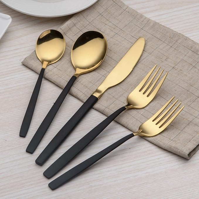 Berglander 20 Piece Titanium Black And Golden Plated Stainless Steel Flatware Set, Handle With Mouth Silverware Set And Cutlery Set Service for 4 (Shiny Black,Shiny Golden)