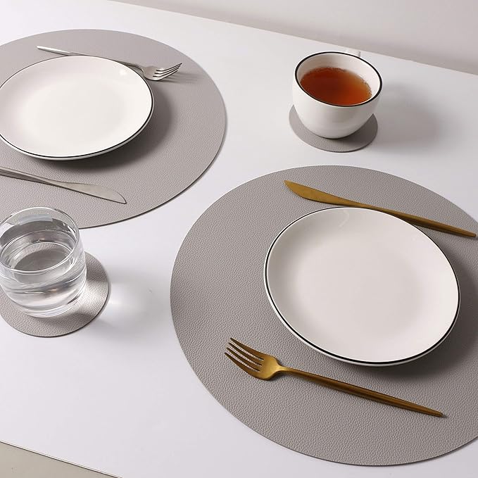 Wipeable Placemats and Coasters Leather Table Mats Waterproof Heat-Resistant Easy to Clean for Dining Table Set Kitchen Table Set of 4, Slat Gray