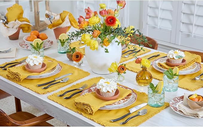 Solino Home Mustard Yellow Linen Placemats 14 x 19 Inch - 100% Pure Linen Juliette Ruffle Placemats Set of 4 - Handcrafted and Machine Washable Table Mats