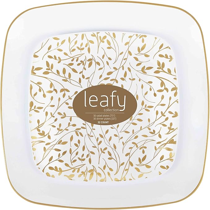 PLASTICPRO Square 128 Piece Combo Plates Set includes 64 x 7'' inch Salad Plates & 64 x 10'' inch Dinner Plates White Plastic With Gold Leafy Design Party Plates, heavyweight Elegant, Dishes,