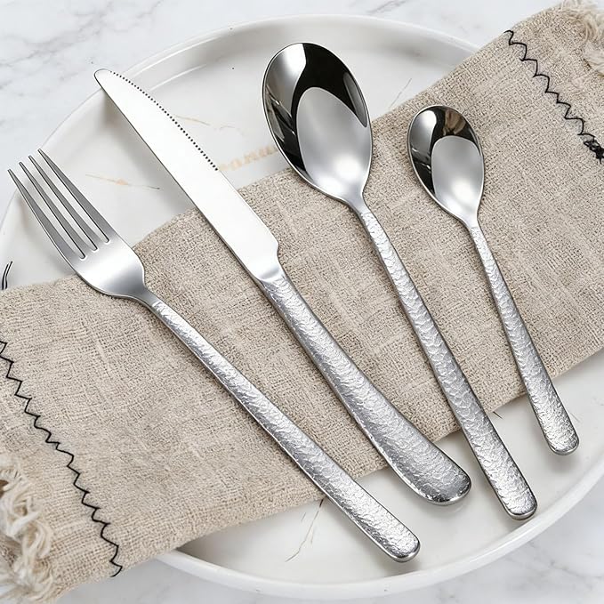 Tnfeeon Serving Sets Pattern Dishwasher Safe 16Pcs Silverware for 4 Kitchen Dining Room Formal Casual Tableware Dinnerware Utensils 18/10 Stainless Steel Flatware Set Hammered Flatware (Silver)