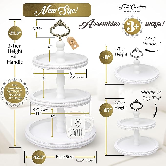 [3-in-1] Wooden Tiered Tray Stand - Beaded 3 Tiered Tray Decor Wood Cupcake Stand for Farmhouse Country Rustic Home - 3 Tier Stand [with 3 Changeable Handles] by Felt Creative Home Goods (White)