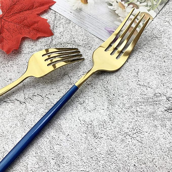 JASHII 18/10 Silver Silverware Set Stainless Steel Flatware Utensils Set Gold Cutlery Set| 24-Piece Modern Cubiertos Dorados| BEST Birthday Wedding Gift (4 sets, Blue Handle Gold Mirror Polish)