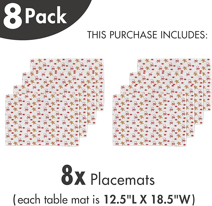 Ambesonne Gingerbread Man Place Mats Set of 8, Candy Cane Bowties Red Star Christmas Cookie Pattern, Washable Fabric Placemats for Dining Table, Placemat 8 pcs, Sand Brown Orange