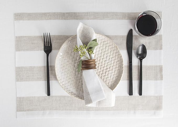 Solino Home Linen Napkins Set of 4-100% Pure Linen Cabana Stripe Natural and White Cloth Dinner Napkins 20 x 20 Inch for Christmas, Holiday, New Year - Handcrafted and Machine Washable