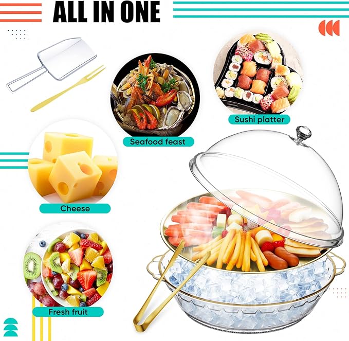Baderke 11.8" Chilled Serving Tray for Parties with Compartments and lid Ice Chilled Party Platter Charcuterie Serving Board Cold Dish Dip for Fruit Seafood Vegetable Shrimp Cocktail(Gold,1 Pcs)