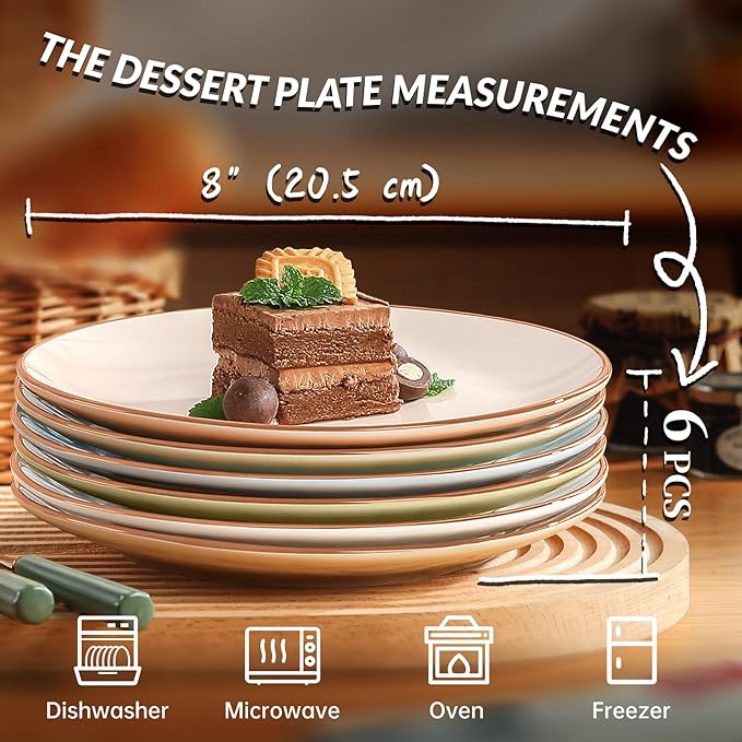 Dessert Plate Set of 6-8 Inch Colorful Ceramic Plates for Appetizer, Salad, Lunch - Modern Serving Dishes - Microwave, Oven and Dishwasher Safe - Assorted Candy Hue
