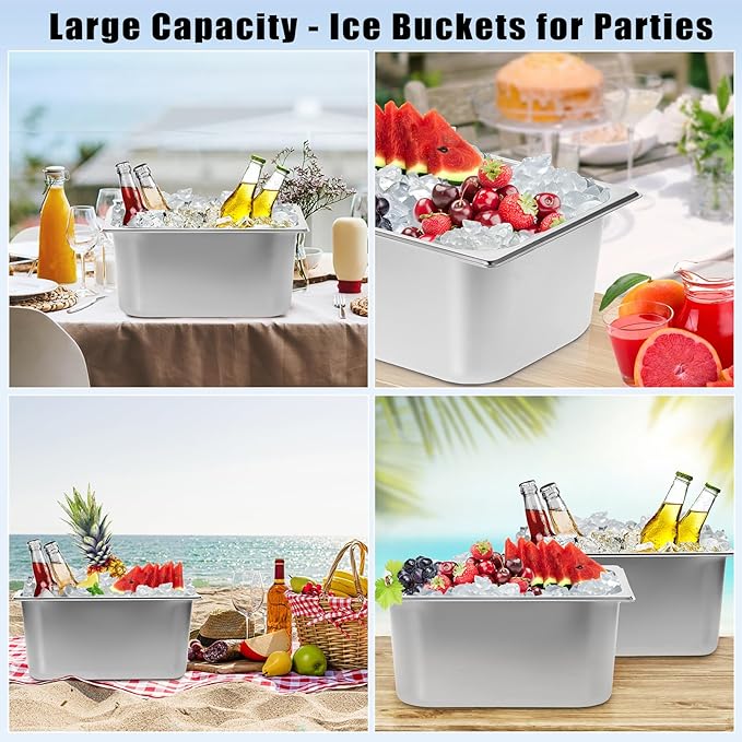 OwnMy 2PCS Ice Buckets for Freezer, Stainless Steel Ice Bucket for Parties, Metal Ice Cubes Bin Storage Container for Freezer, Large Wine Beer Drink Cooling Buckets for Beverage Cocktails Champagne