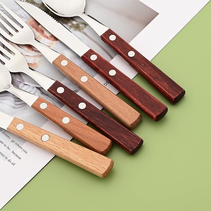 8-Piece Dinner Forks Set, 304 Stainless Steel Forks with Natural Wood Handle, Reddishbrown Wood Handle Flatware, 7.9 Inches Salad Forks