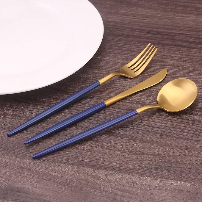 Matte Gold Silverware Set with blue handle, Bysta 5-Piece Stainless Steel Flatware Set, Kitchen Utensil Set Service for 1, Tableware Cutlery Set for Home and Restaurant, Satin Finish, Dishwasher Safe