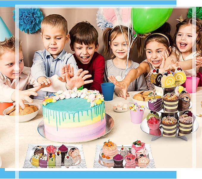 Zopeal 7 Pcs Dessert Table Display Set 3-Tier Cupcake Stand 1-Tier Cup Cake Display Tower Platters and Serving Trays Cardboard Cake Cookie Holders for Wedding Birthday Party Baby Shower(Silver)