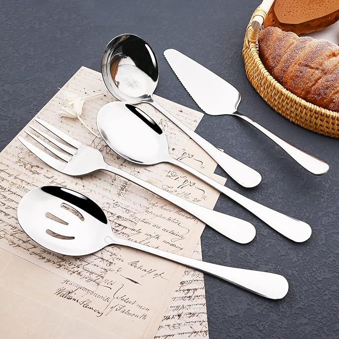 JASHII 25-Piece Fork Spoon Knife Silverware Set with Serving Utensils for 4, Food Grade Stainless Steel Flatware Cutlery Set for Home and Restaurant, Dishwasher Safe - Shiny Silver