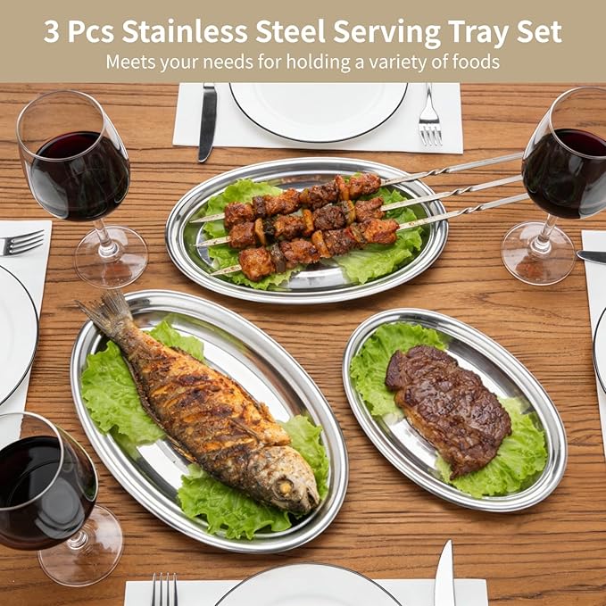 3 Pcs Stainless Steel Serving Tray Set, Large Oval Platter Set, Mirror Polish Sizzle Plate, Heavy Duty Dinner Plates, 11.9/13.6/15.7 in, Silver-Tone Serving Trays for Kitchen, Restaurant