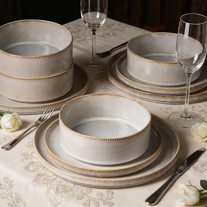 Stoneware Dinnerware Sets for 4, Stoneware Plates and Bowls Set, 12-Piece Ribbed Dishes – Chip & Scratch Resistant, Microwave and Dishwasher Safe Tableware, Warm White