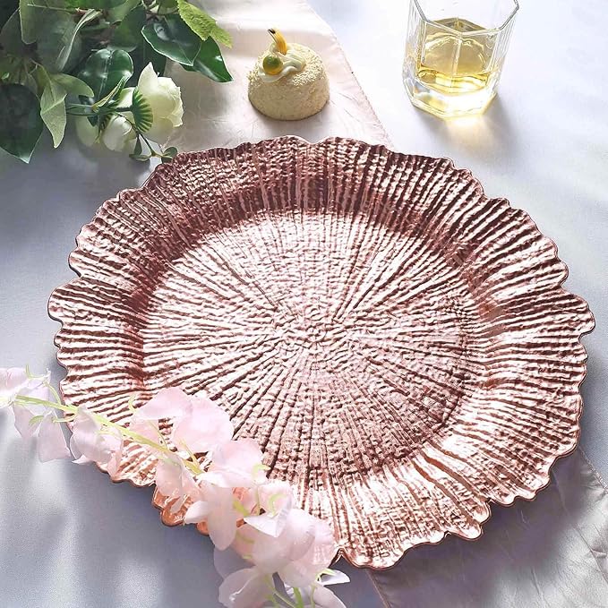 13" Charger Plates - Set of 12 - Acrylic Rose Gold Round Reef Disposable Chargers, Ideal for Dinner Party Wedding Holiday Bulk Events