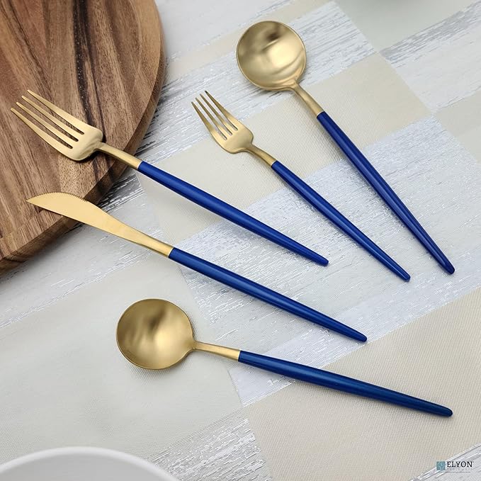 Elyon Lea 20 Piece Matte Gold/Blue Flatware Set, 18/10 Stainless Steel, Blue Thin Handles Silverware Set, Service for 4, Sturdy Cutlery Set, Heavy Duty Modern Satin Finish