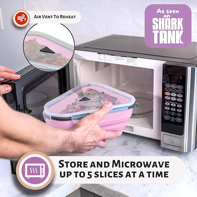 PIZZA PACK The Perfect Reusable Pizza Storage Container with 5 Microwavable Serving Trays - BPA-Free Adjustable Pizza Slice Container to Organize & Save Space, Pink