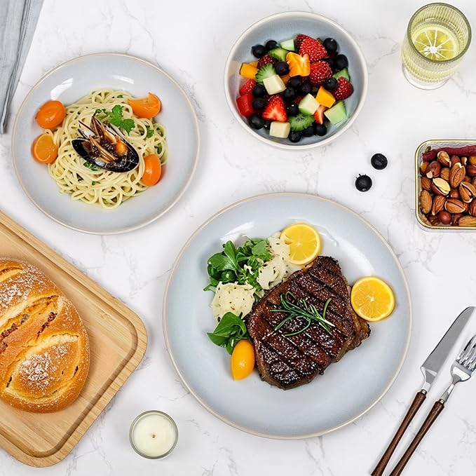 Plates and Bowls Sets for 4 - CJDC-QUELO 16-Piece Stoneware Dinnerware Sets, Ceramic Dishware Set for Kitchen Use and Formal Dining, Chip and Scratch Resistant Microwave Dishwasher Safe, Off White