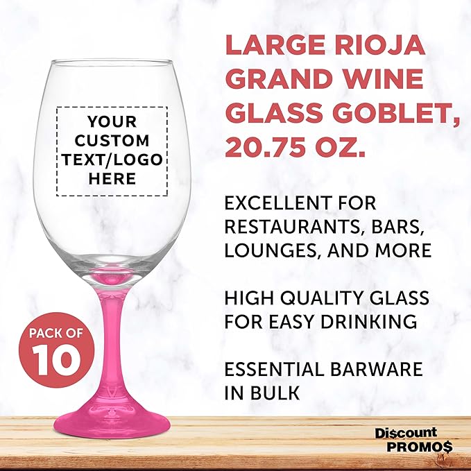 Custom Rioja Grand Wine Glasses 20.75 oz. Set of 10, Personalized Bulk Pack - Perfect for Hotel, Bar, Restaurant or Lounge - Pink
