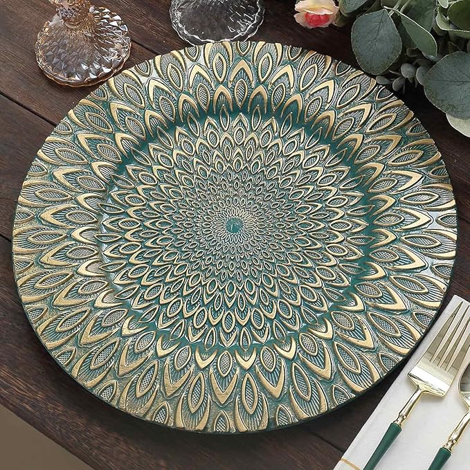 Efavormart 6 Pack | 13" Teal/Gold Embossed Peacock Design Plastic Serving Plates, Round Disposable Charger Plates