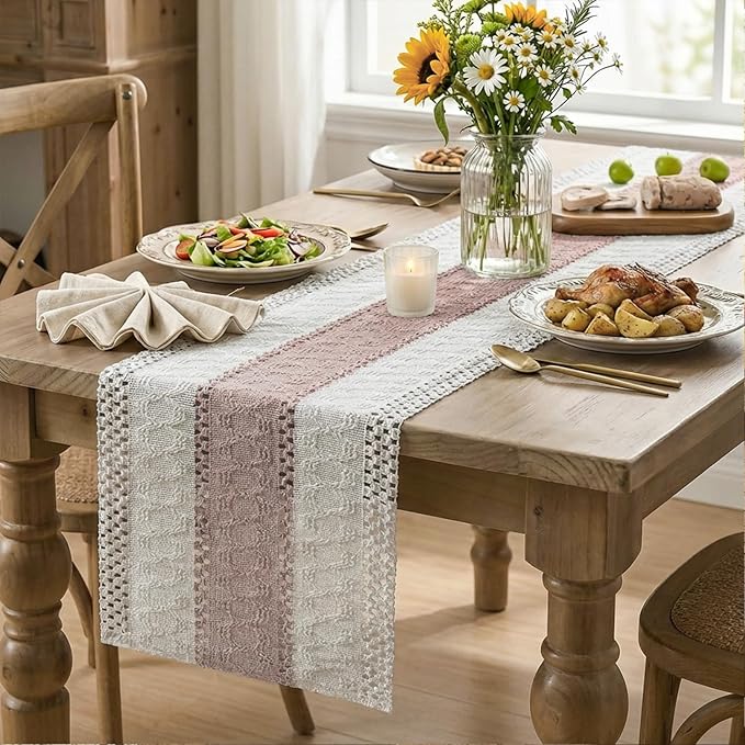 Artoid Mode Pink Farmhouse Rustic Table Runner, Seasonal Holiday Hollow Kitchen Dining Table Decoration for Home Party Decor 12x90 Inch