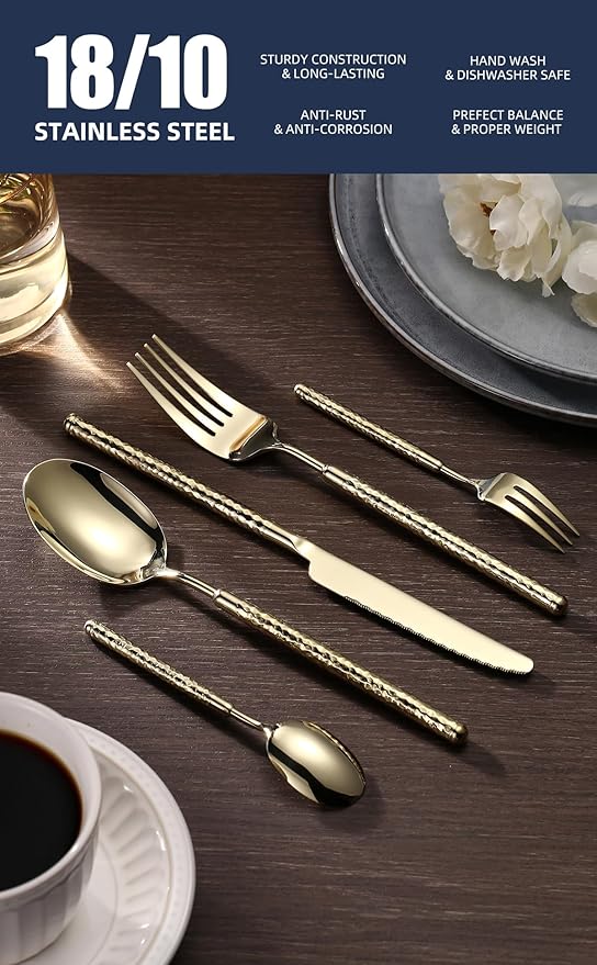 20-Piece Silverware Set, Stainless Steel Flatware Set for 4, Modern Hammered Utensil Tableware Set Include Dinner Knife/Fork/Spoon, Mirror Finish, Dishwasher Safe (20, champagne gold)