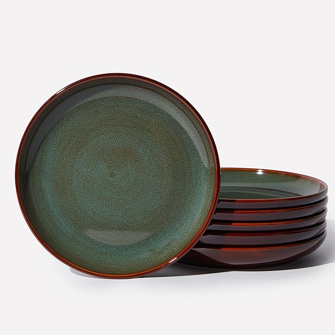 Stoneware Dessert Pates 8 Inch, Microwave Safe Plates, Reactive Glaze Small Dinner Plate, Scratch Resistant and Dishwasher Safe, Brown Green