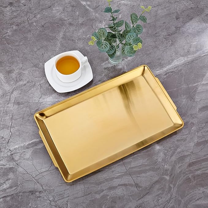 16.3" x 11" Large Serving Platters Set of 2, Stainless Steel Heavy-Duty Large Serving Trays, Gold Rectangular Plates for Food, Fruit, Party, Wedding, Christmas, Chip and Scratch Resistant