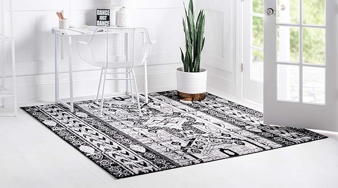 Rugs.com Oregon Collection Rug – 4 Ft Square Black and White Low-Pile Rug Perfect for Living Rooms, Kitchens, Entryways