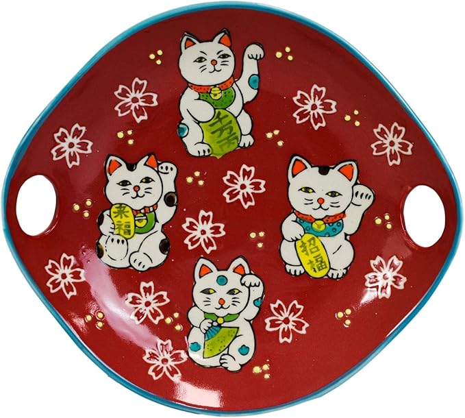 Ebros Red Maneki Neko Lucky Cat Appetizer Snack Serving Coupe Plate Dish With Chopsticks And Built In Rest Set Small Flat Bowl For Hors D'oeuvres Sushi Ice Cream Serveware Plates (2)