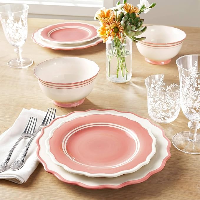 12-Piece Ceramic Dinnerware Set – 4 Dinner Plates, 4 Salad Plates, 4 Bowls, Purple and White Modern Tableware, Dishwasher & Microwave Safe (Coral)