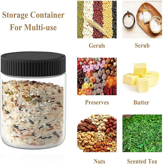 XINGLIAN 16 Oz Clear Plastic Jars with Black Lids Refillable Kitchen Storage Containers for Dry Food, Coffee, Nuts and More, 6 Pack