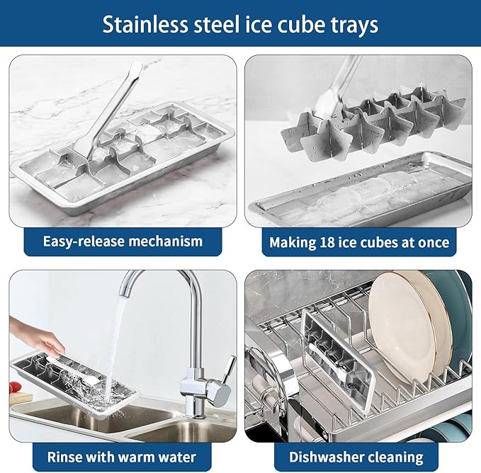 Stainless Steel Ice Cube Trays with Tweezers, Easy-Release Lever Handle, Durable Metal Ice Cube Trays for Freezer, Ideal for Whiskey, Cocktails & Drinks (2 Pack)