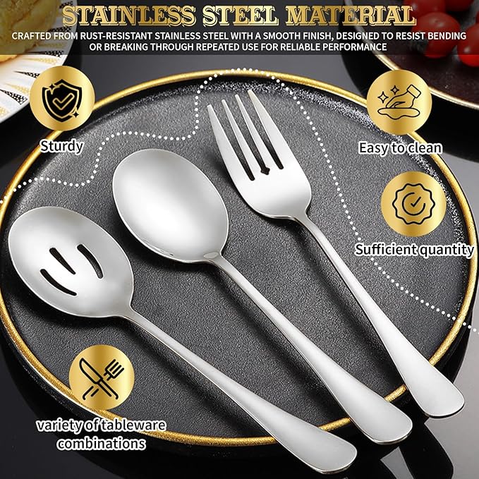 32Pcs Serving Utensils Set Serving Spoons, Buffet Tongs, Cake Spatula, Forks, Perforated Ladles, Soup Scoops, Skimmers and Black Heavy-Duty Serving Tongs (Silver)