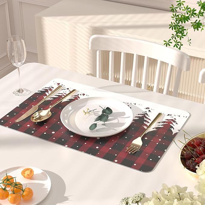 QIYI Christmas Placemats Set of 6, 12x18 Inch PU Leather Place Mats for Kitchen Dinning, Heat Resistant Anti Slip Winter Table Mats, Waterproof Wipeable Placemat Party Table Décor, Red Buffalo Plaid