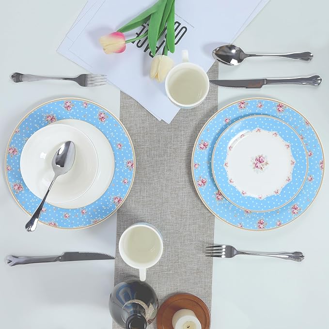 fanquare 12 Piece Blue Floral Dinnerware Set, Vintage Polka Dot Plates Bowls Set, Ceramic Tableware for Home Party, Microwave & Dishwasher Safe