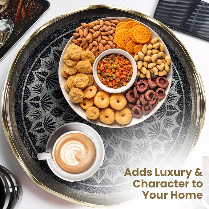 Round Serving Tray with with Handles Antique Look & Stylish Design Decorative Trays for Kitchen Round Ottoman Tray for Dinning Living Room & Home Decor Pack of 2 (Silver-Gold)