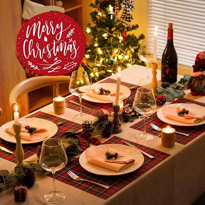 AHHFSMEI Christmas Placemats Set of 6 for Dining Table Washable Woven Vinyl Non-Slip Placemat Heat-Resistant Durable Table Mats for Dining Table Easy to Clean (Red Grid)