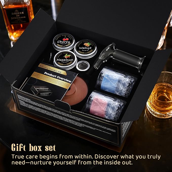 Deluxe Whiskey Smoker Kit with Torch - Includes 6 Natural Wood Chip Flavors, 2 Premium Glasses, & 2 Ice Molds - Cocktail Infuser for Old Fashioned & Bourbon for Men & Dads