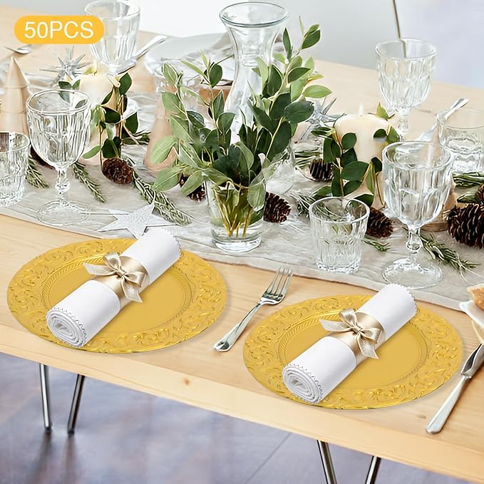 TFCFL 50Pcs Antique Charger Plates Bulk 13Inch Plastic Embossed Dinner Plate Chargers Round Floral Plates Dinner Wedding Party Event Table Setting Decoration (Gold)
