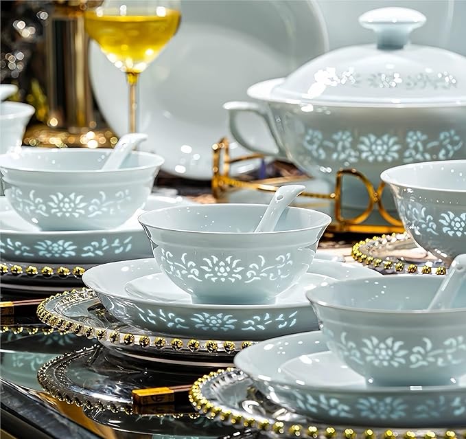58Pcs Celadon Dinnerware Sets Translucent Porcelain Tableware Set High-Temperature White Bowls Plates Home Use Luxury Gift Ceramic Dinnerware Sets,