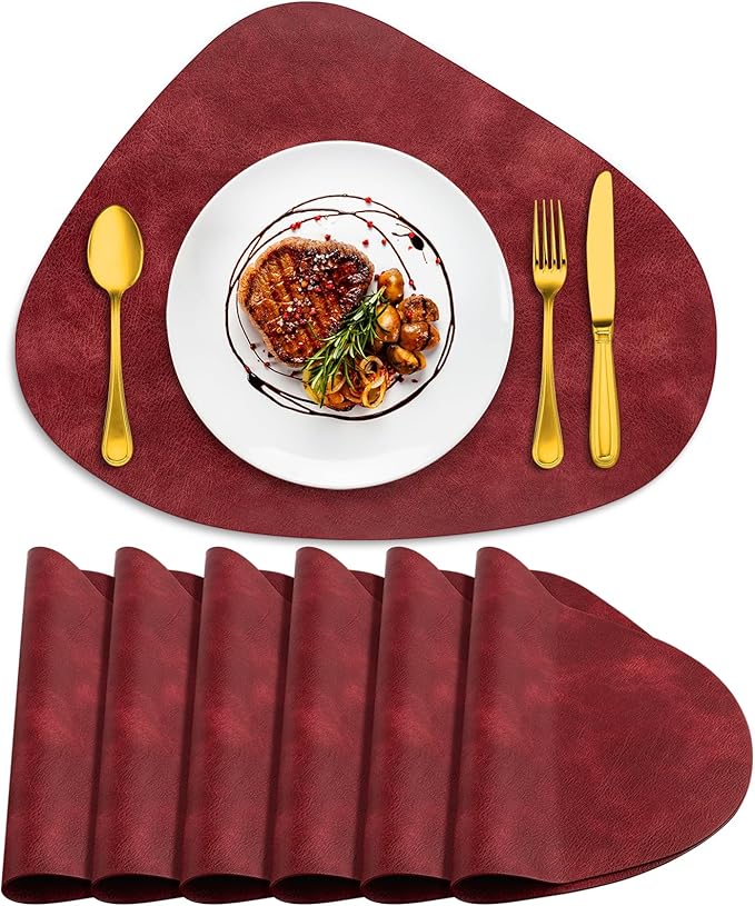 ADRIMER Placemats, Heat Resistant Round Placemats Set of 6 Washable 13 x 17 Inch, Waterproof Table Mats Wipeable for Kitchen, Dining Room Table Christmas Decor, Wine Red