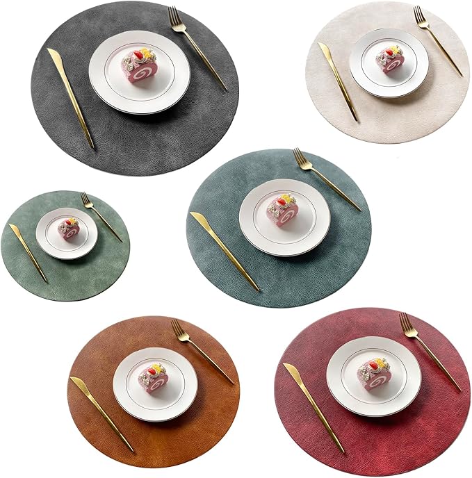 UnivoColors PU Leather Placemats Set of 6,15" Round Washed Cowhide Pattern Table Mats for Dining Table, Kitchen, Party Decoration(Dark Gray+Blue+Green+Reddish Brown+Red+Beige)