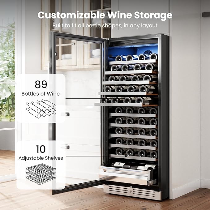 Yeego Wine Fridge – 24 Inch Wine Cooler Refrigerator 40°F-65°F, 304 Stainless Steel Glass Door Lock, Temperature Memory Blue & White LED Built-in Fridge Left-hand Opening with Drawer (89 Bottle)