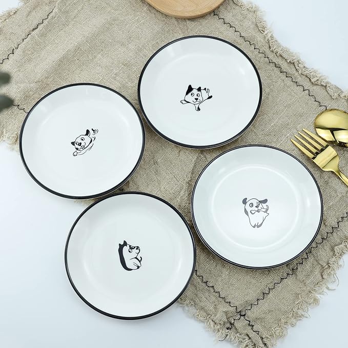 SOCOSY Cute Cartoon Happy Dogs Ceramic Seasoning Dishes Sauce Dish Sushi Dipping Bowl Appetizer Plates Tea Bag Holder Serving Dish for Kitchen, 5 Inch, Set of 4