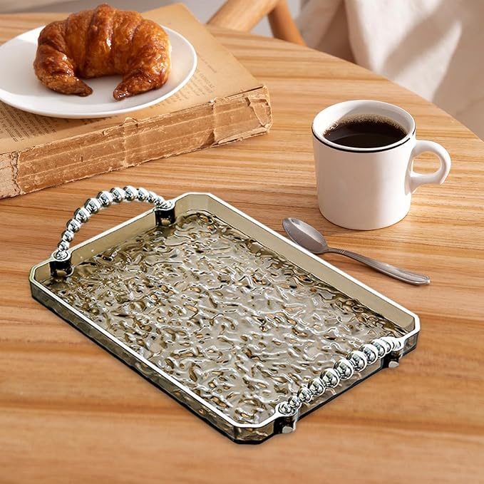 Yajuyi Rectangular Tray for Serving and Organizing Jewelry, Fruit, and More in Living Room, Gray Silver Edge